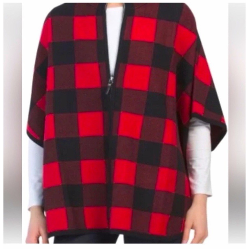 Nicole Miller Red Plaid Poncho Cape Wrap S/M Zip‎ Up Buffalo Rayon Checker Layer